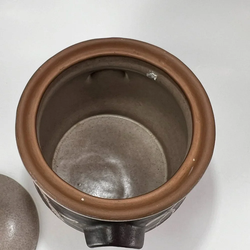 Vtg Studio Pottery Dish Pot Crock Stoneware Handles Lidded Earth Tones Rustic